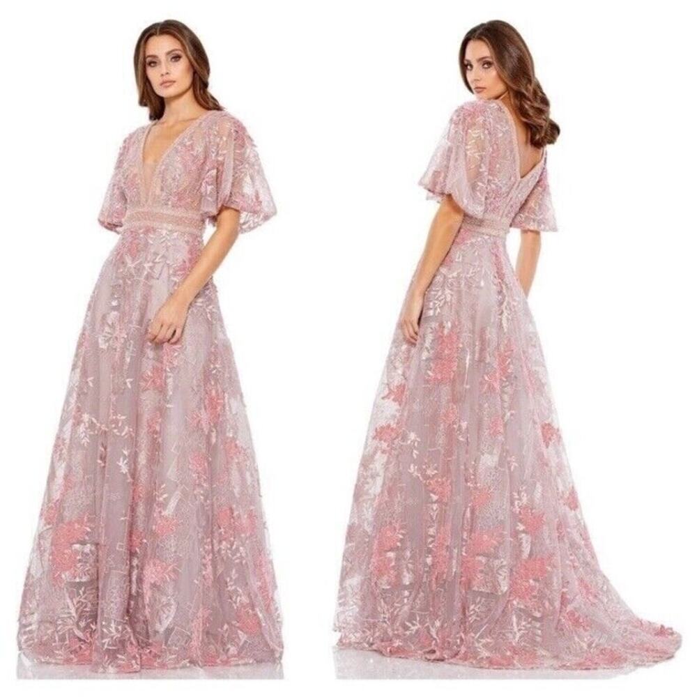 Mac Duggal 20262 Pink Embroidered‎ Flounce Sleeve A Line Gown Size 4 NWT